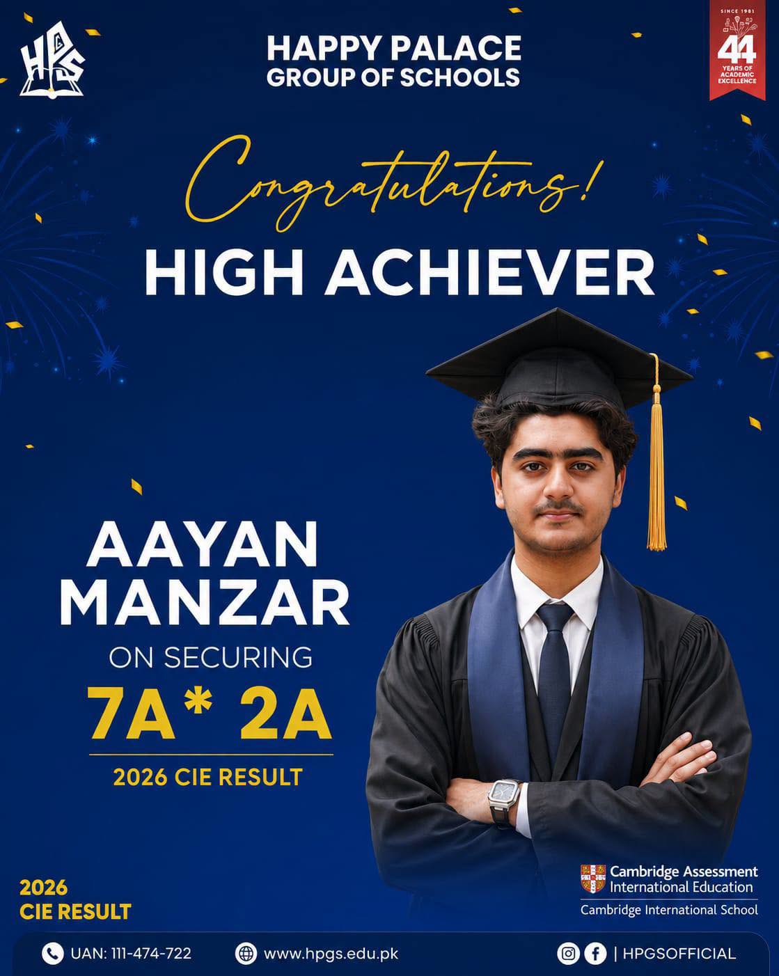 HPGS high achiever Aayan Manzar with seven A stars and two As in the 2026 CIE results