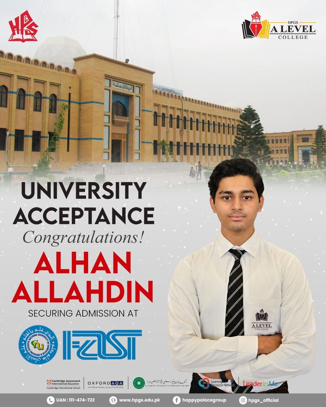 HPGS congratulates Alhan Allahdin on admission to FAST National University of Computer and Emerging Sciences