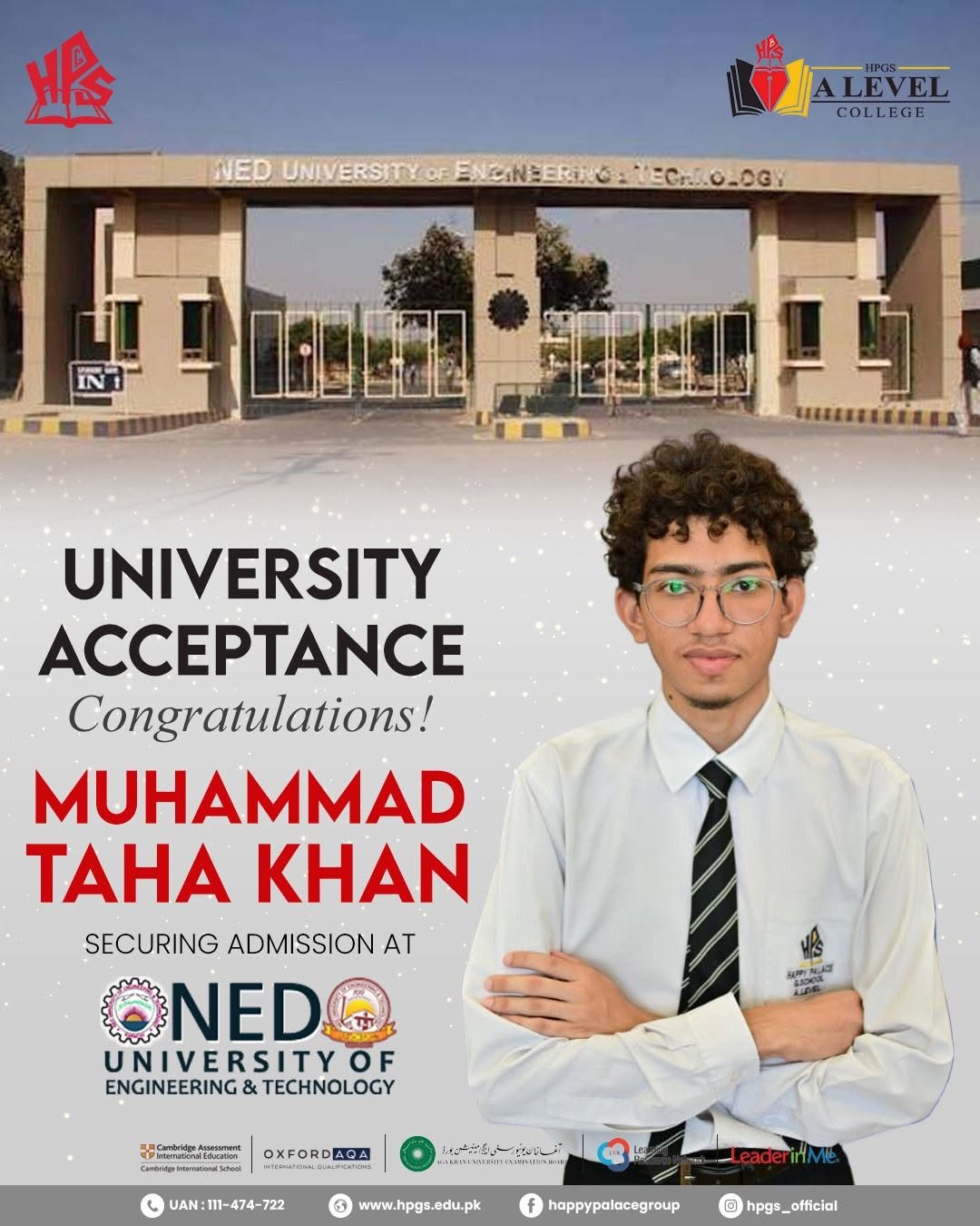 HPGS congratulates Muhammad Taha Khan on admission to NED University of Engineering and Technology
