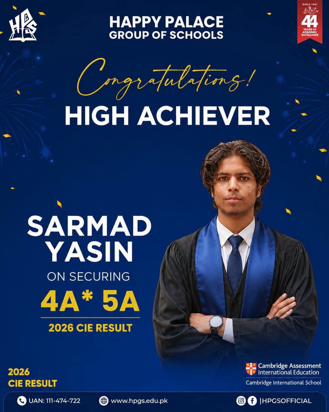 HPGS high achiever Sarmad Yasin with four A stars and five As in the 2026 CIE results