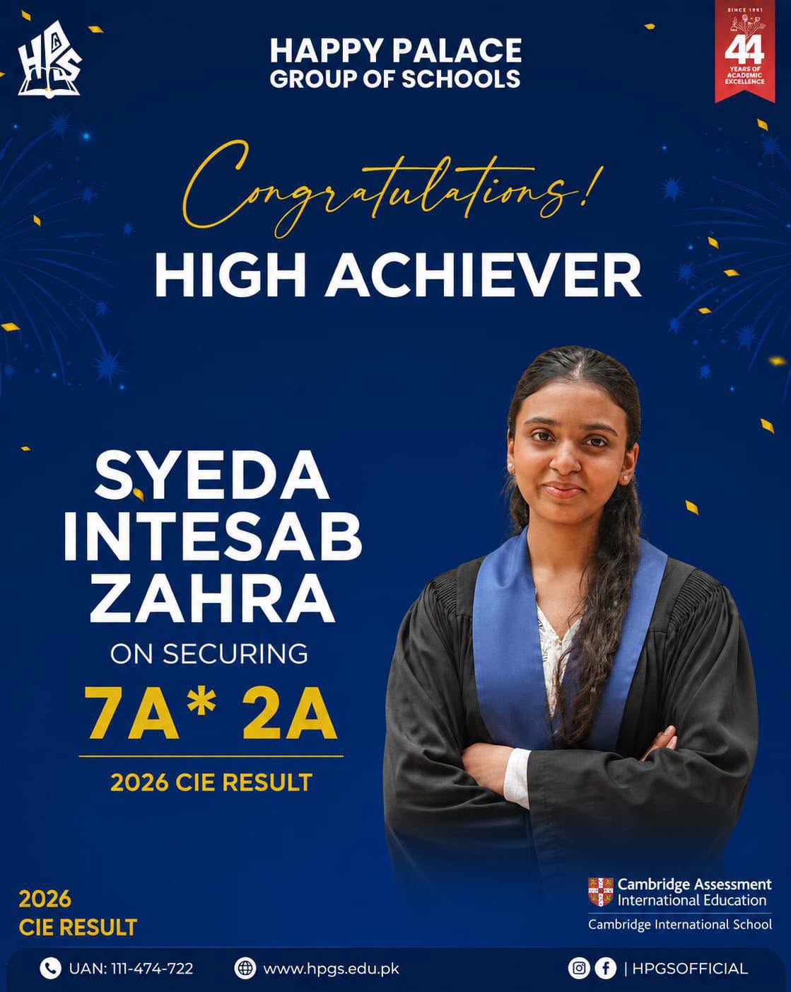 HPGS high achiever Syeda Intesab Zahra with seven A stars and two As in the 2026 CIE results
