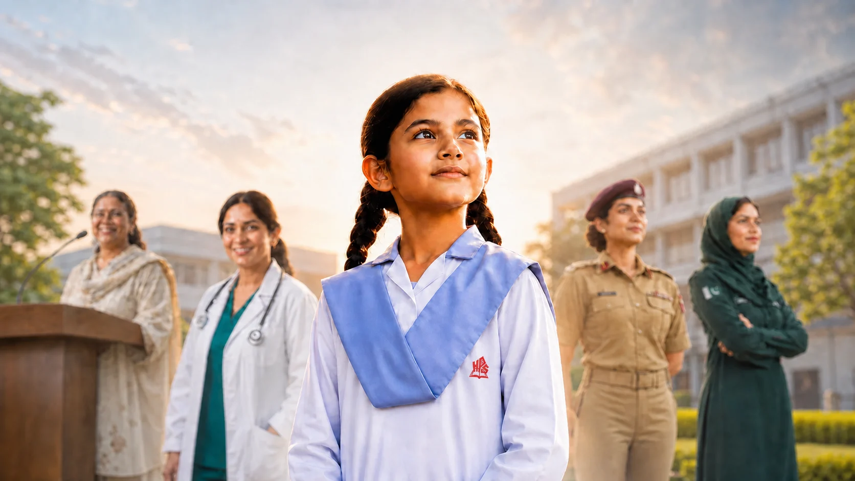 An HPGS schoolgirl looking ahead with aspirational career role models behind her