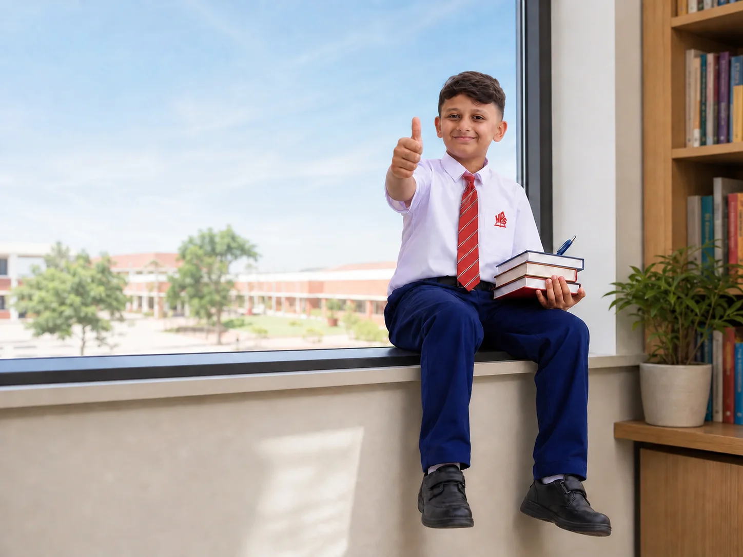 An HPGS student holding books and giving a confident thumbs-up in a school library