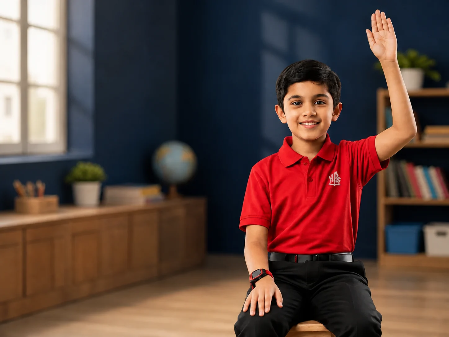 A primary student in an HPGS uniform raising his hand confidently in a classroom