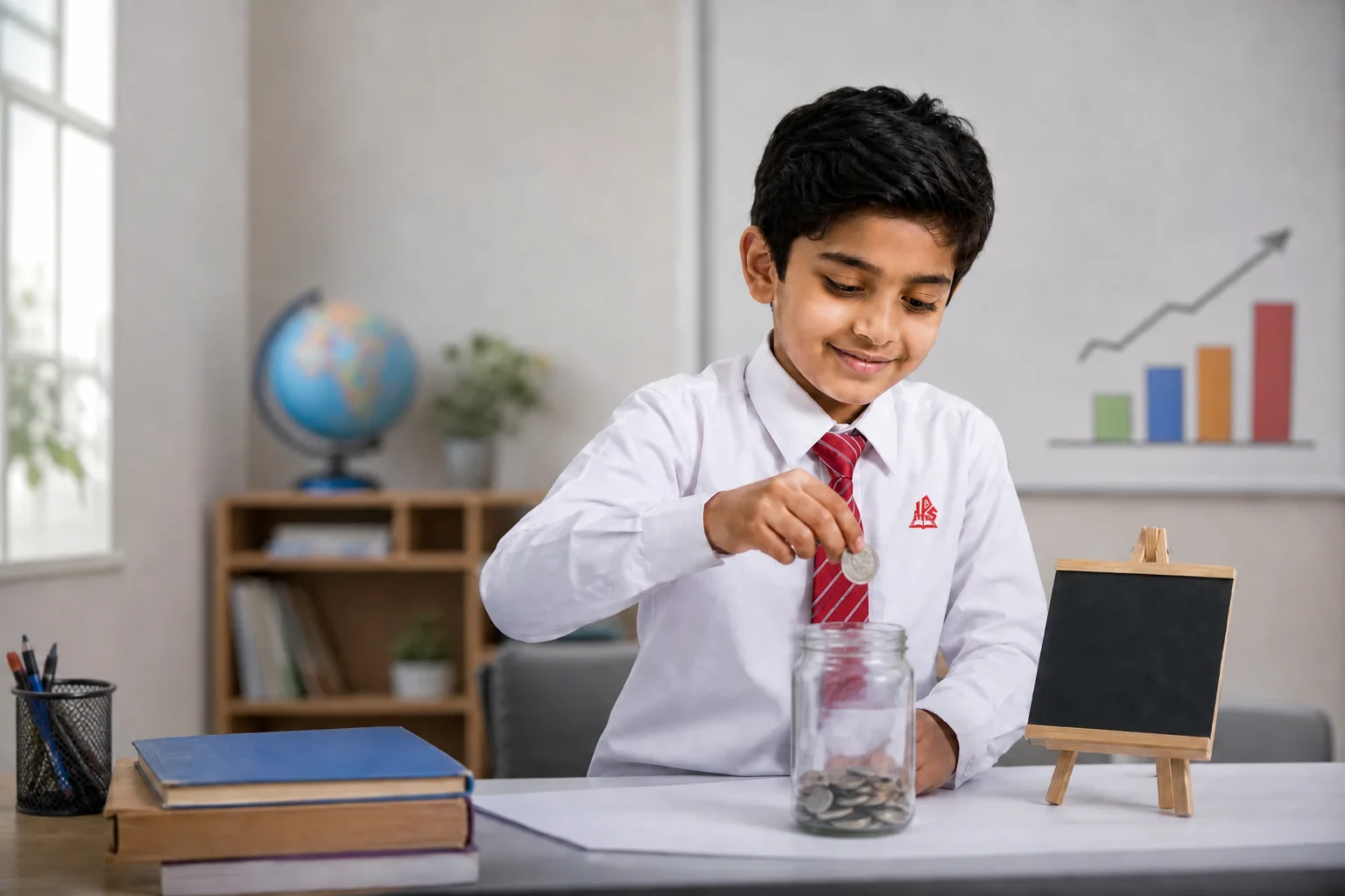 An HPGS student practising saving with a coin jar during a financial literacy activity
