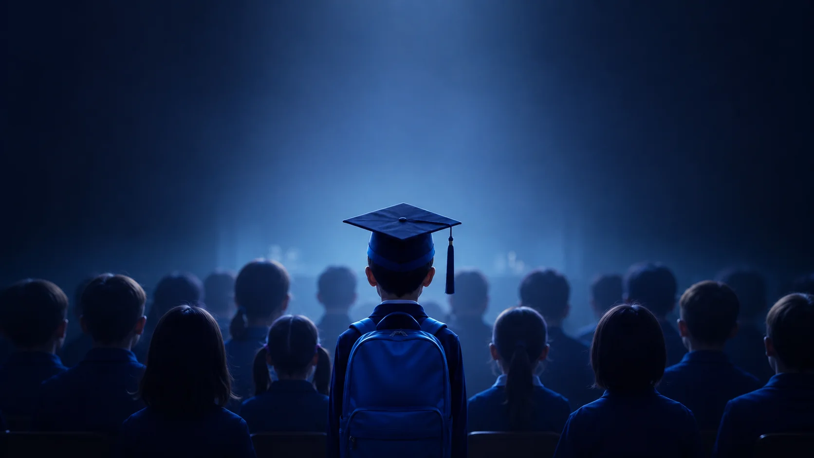 A student in a graduation cap looking towards a softly lit school stage