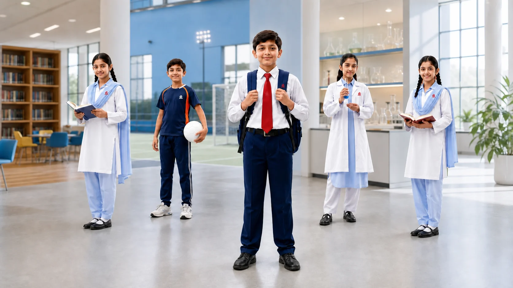 Students in HPGS uniforms representing academic, sports and science pathways in a modern school atrium