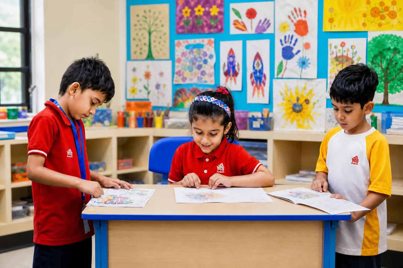 Three young students in HPGS uniforms collaborating on artwork in a bright classroom