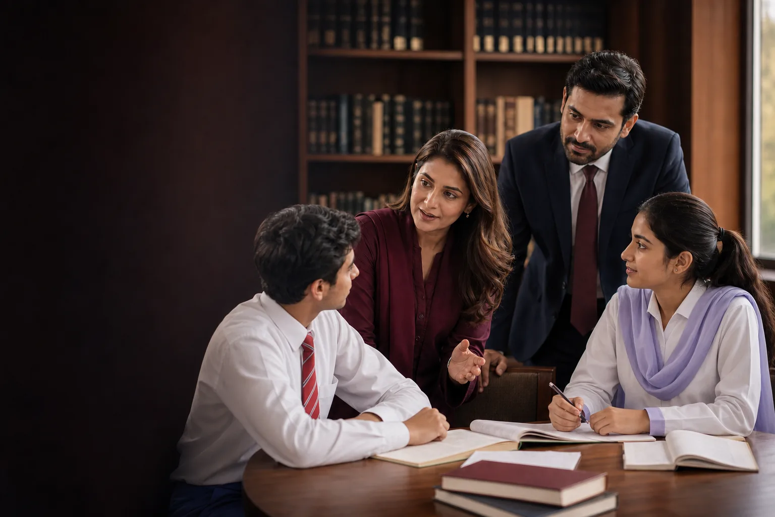 Teachers supporting senior students with academic guidance