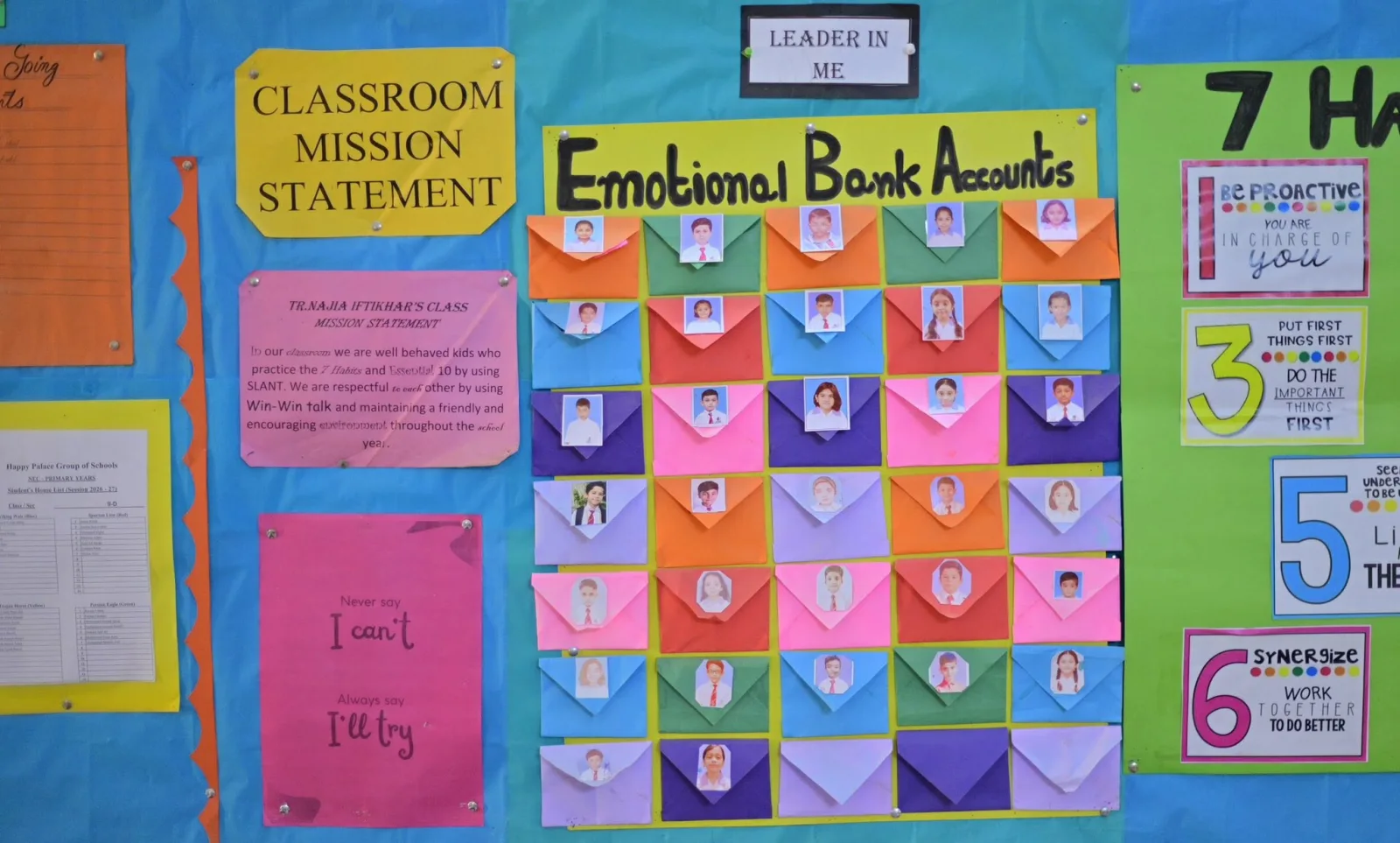LIM classroom wall displaying Emotional Bank Accounts and the seven habits