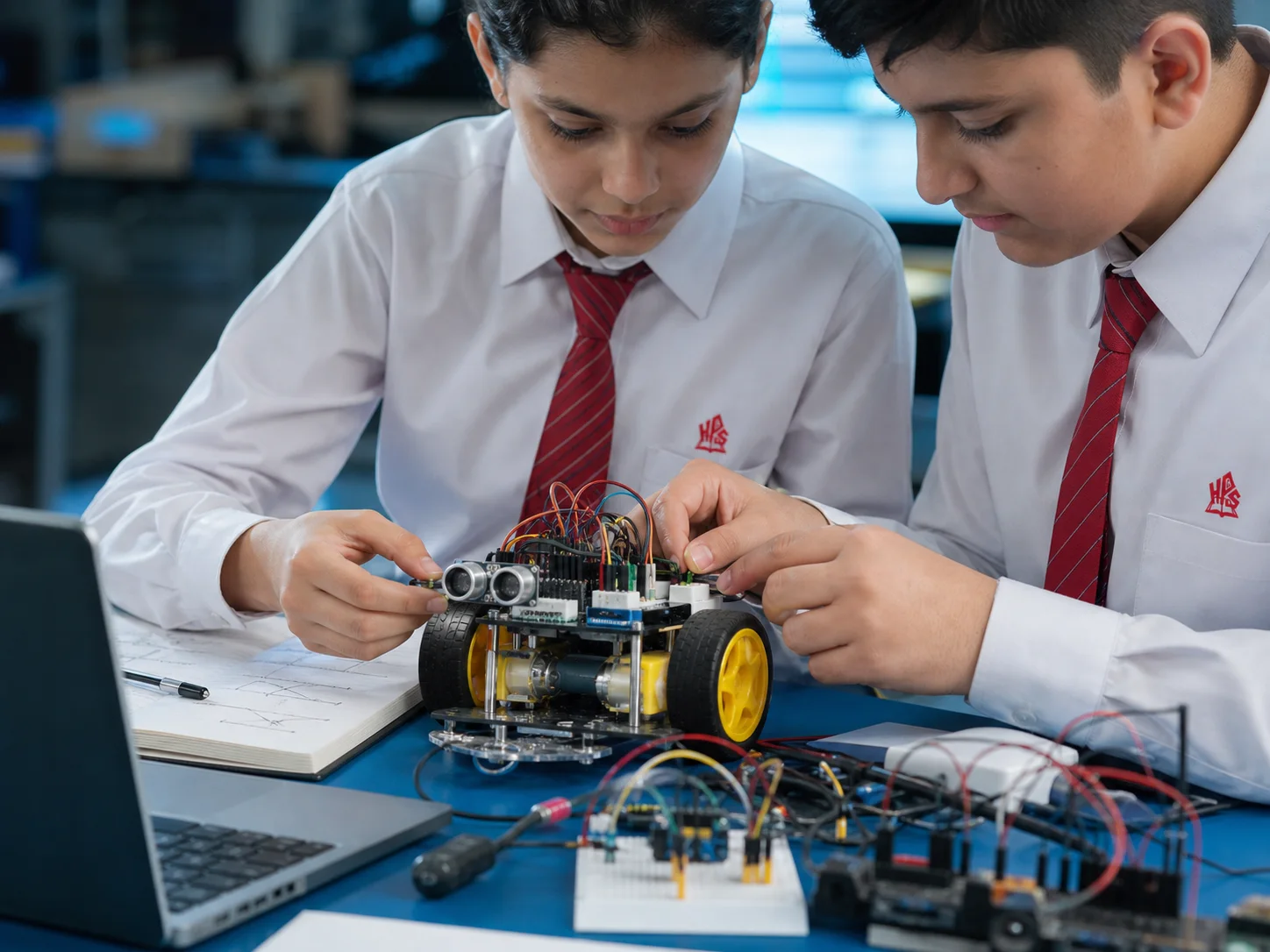 HPGS students carefully connecting sensors and testing an educational robot