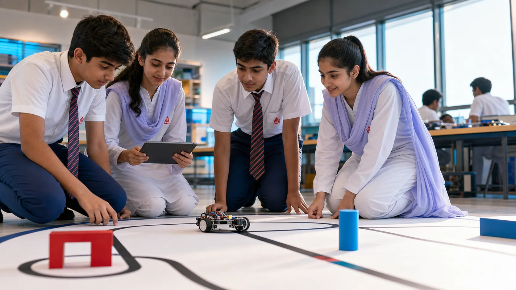 HPGS students testing an autonomous line-following robot on a classroom mission field