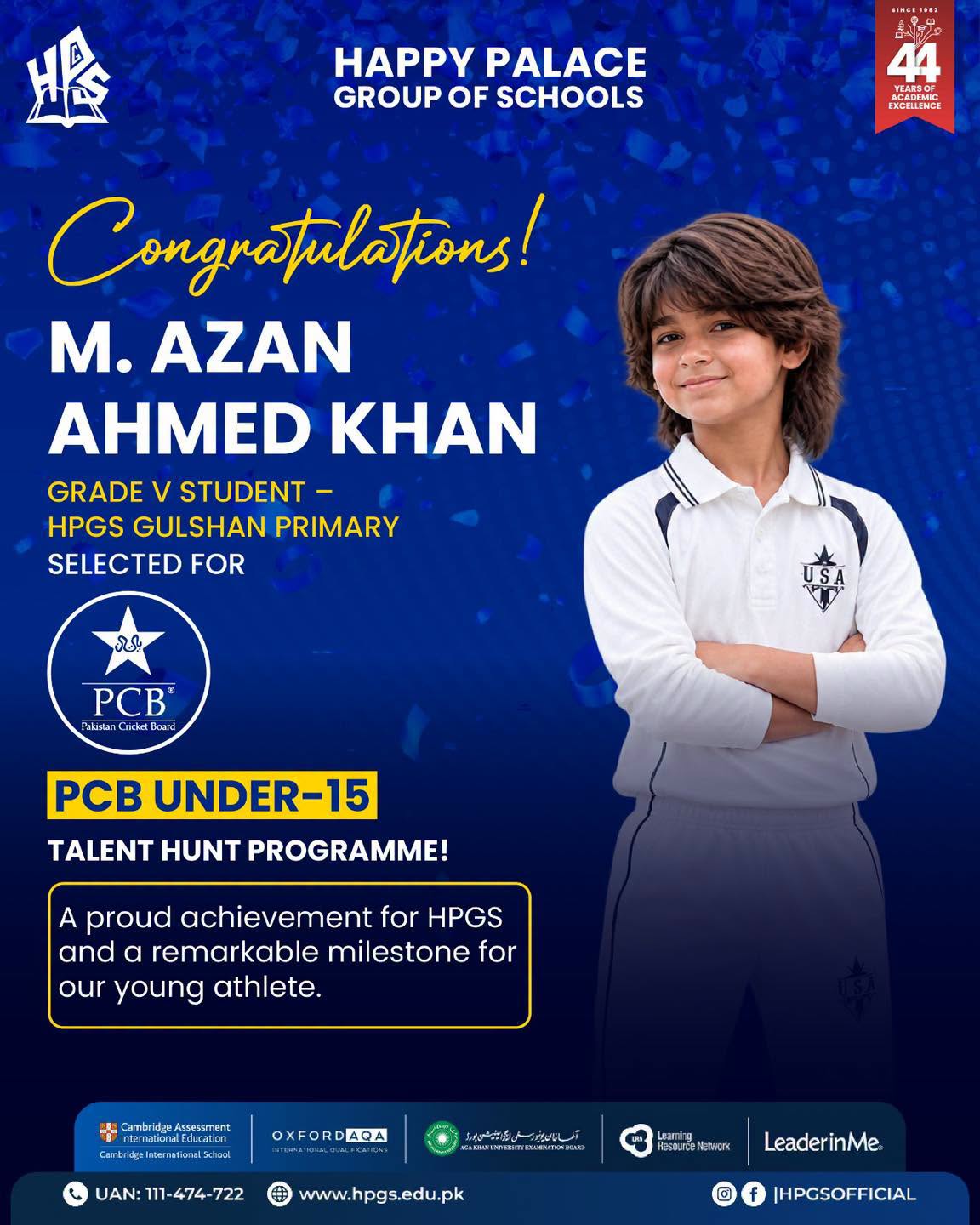 HPGS congratulates Grade V student M. Azan Ahmed Khan on selection for the PCB Under-15 Talent Hunt Programme