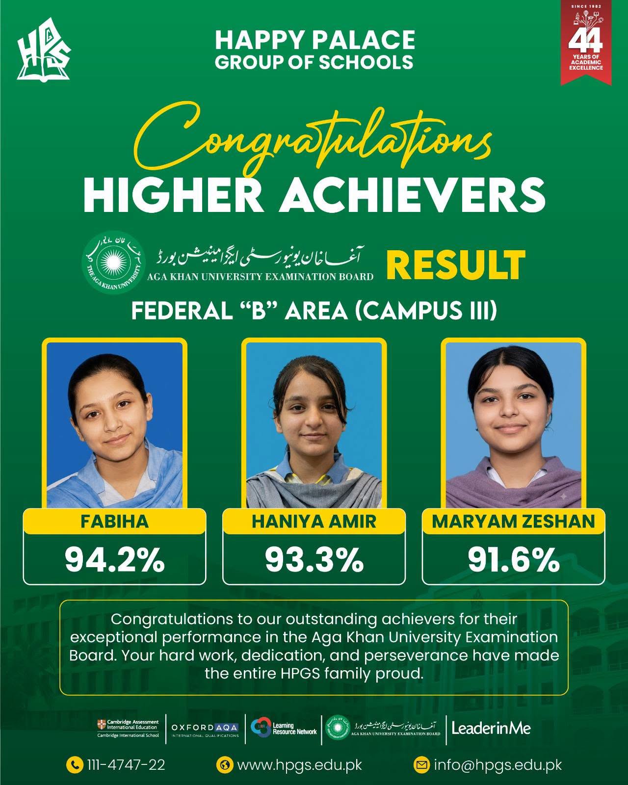 Campus III Federal B Area AKU-EB high achievers Fabiha, Haniya Amir and Maryam Zeshan