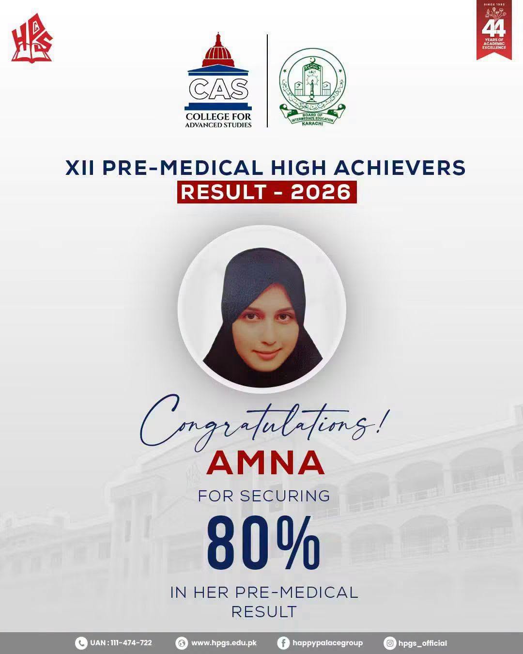 Amna, CAS XII Pre-Medical high achiever