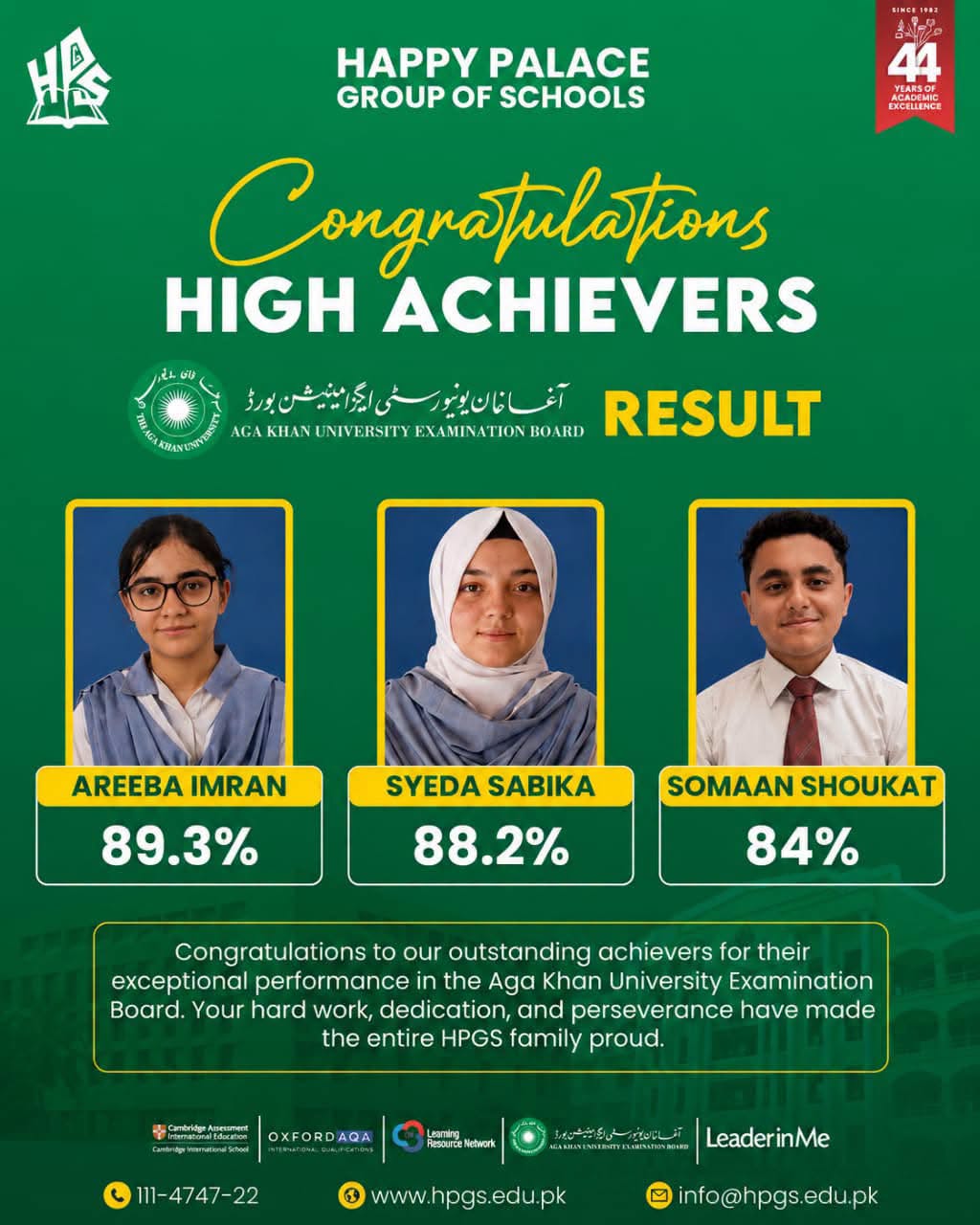 HPGS AKU-EB high achievers Areeba Imran, Syeda Sabiqa and Somaan Shoukat